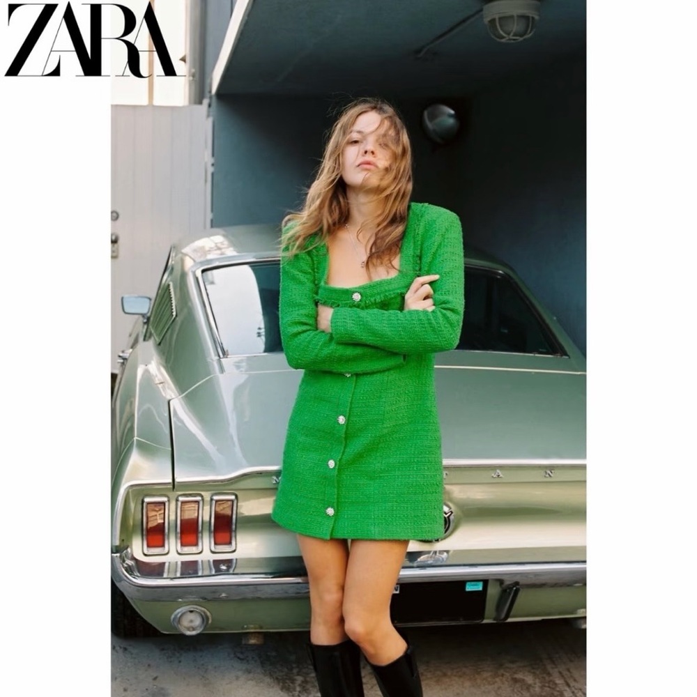 NWT ZARA GREEN TEXTURED WEAVE DRESS SIZE XS 4661/325/500
